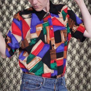 vintage 80s geometric color block button front blouse